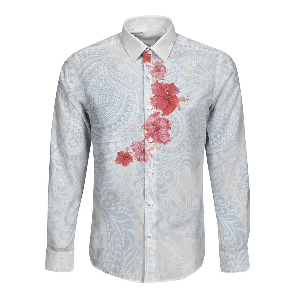 Hawaiian Tribal Tattoo and Hibiscus Long Sleeve Button Shirt Polynesian Pattern Airy White Blue Cloud LT03 Unisex White - Polynesian Pride