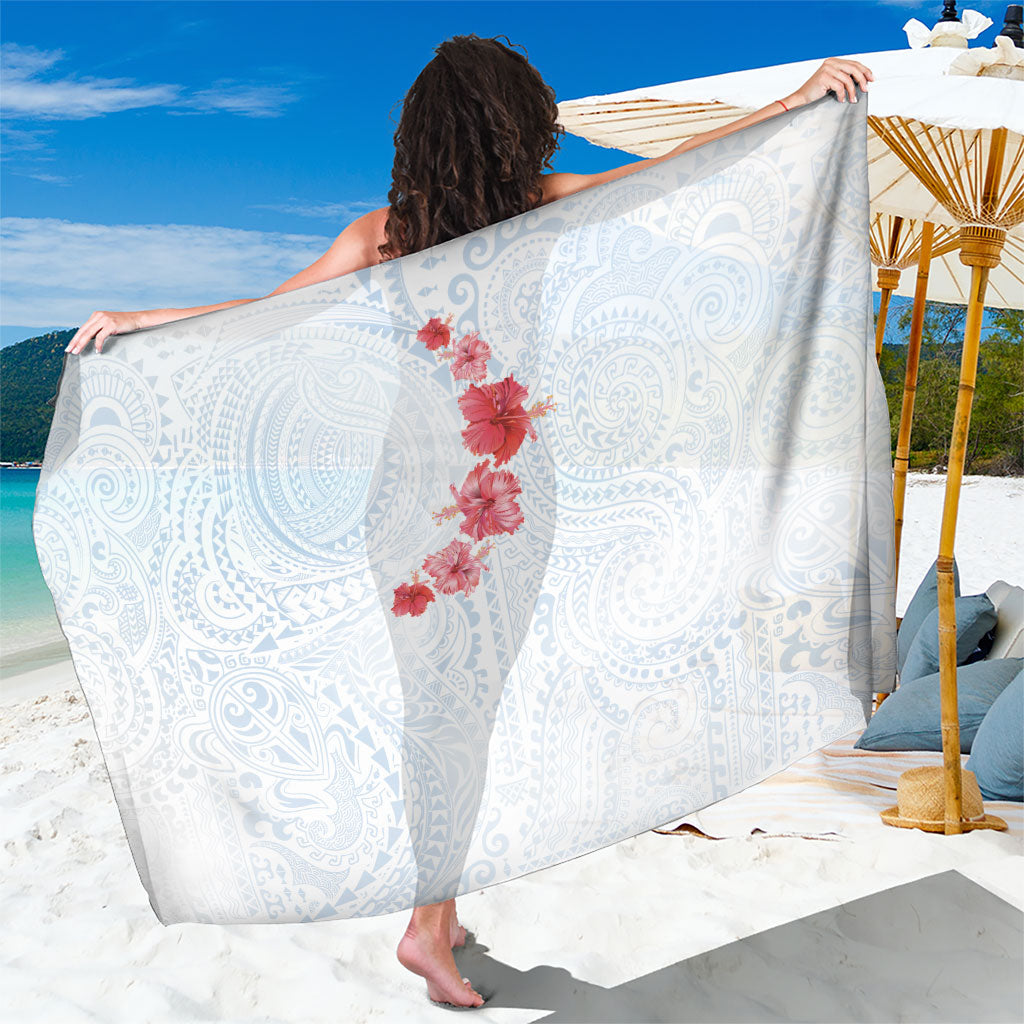 Hawaiian Tribal Tattoo and Hibiscus Sarong Polynesian Pattern Airy White Blue Cloud LT03 One Size 44 x 66 inches White - Polynesian Pride