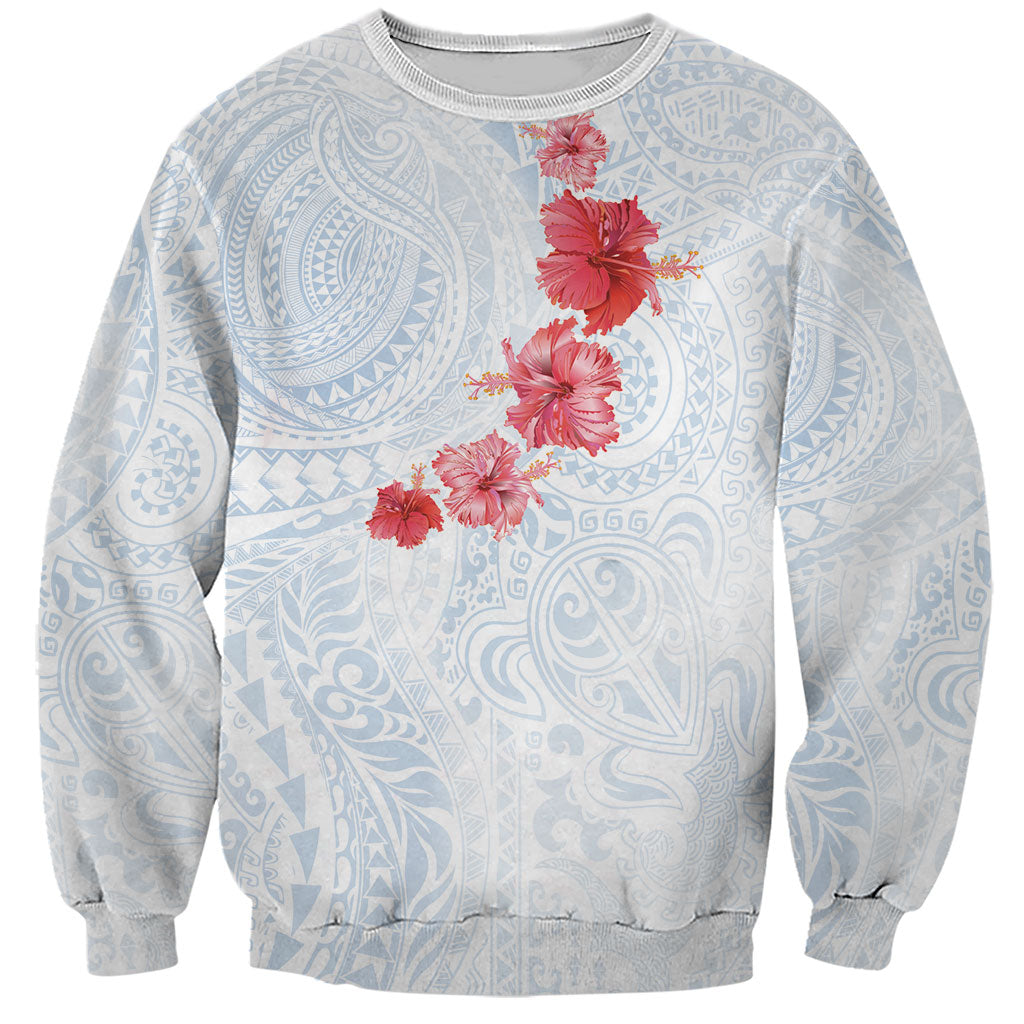 Hawaiian Tribal Tattoo and Hibiscus Sweatshirt Polynesian Pattern Airy White Blue Cloud LT03 Unisex White - Polynesian Pride
