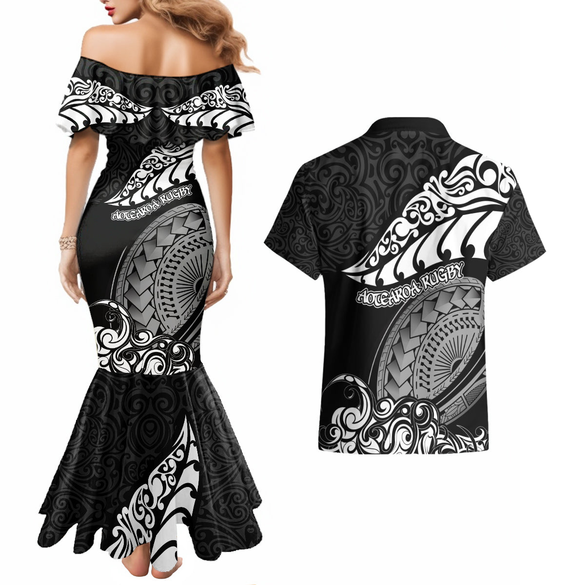 new-zealand-rugby-couples-matching-mermaid-dress-and-hawaiian-shirt-maori-warrior-rugby-silver-fern-tribal-pattern