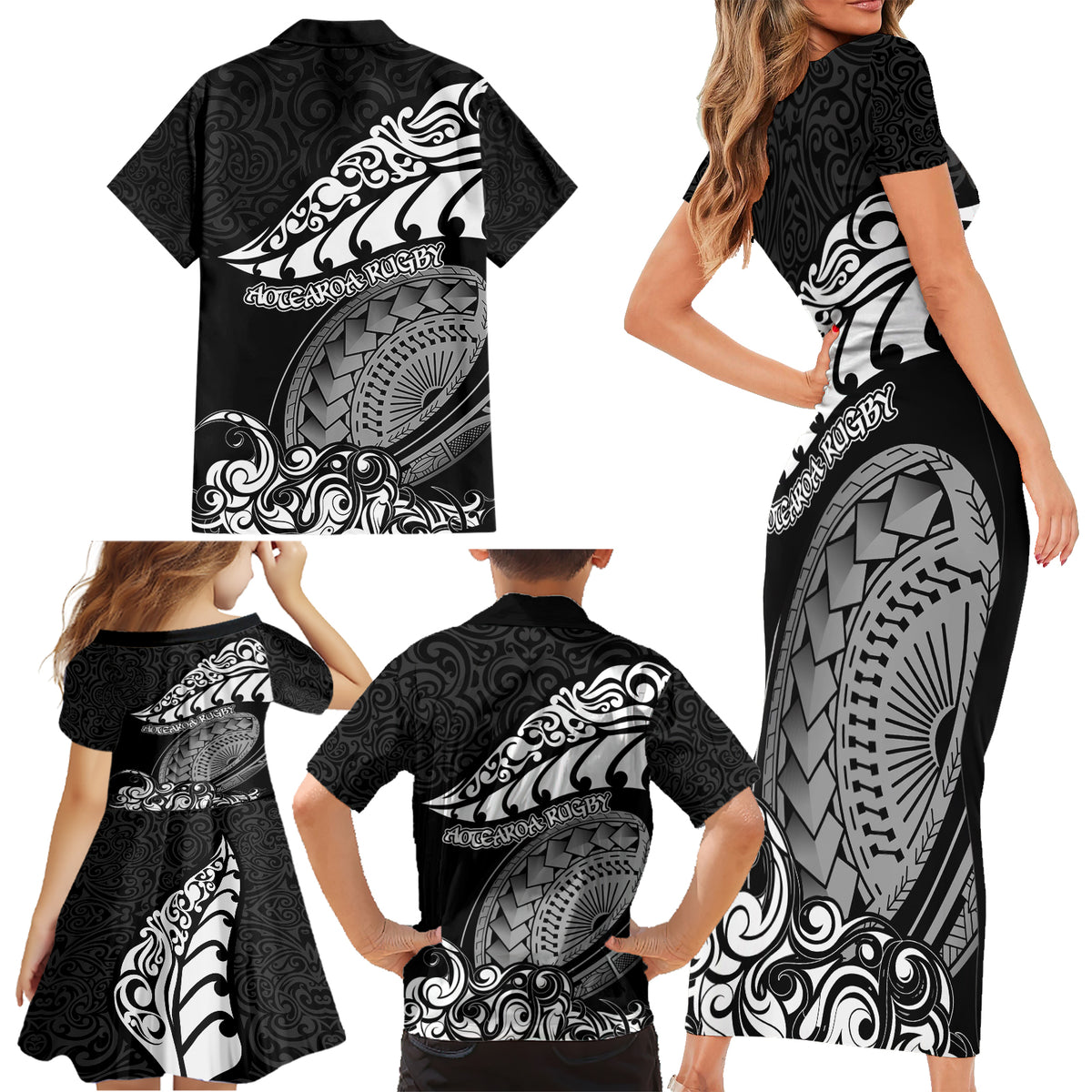 new-zealand-rugby-family-matching-short-sleeve-bodycon-dress-and-hawaiian-shirt-maori-warrior-rugby-silver-fern-tribal-pattern