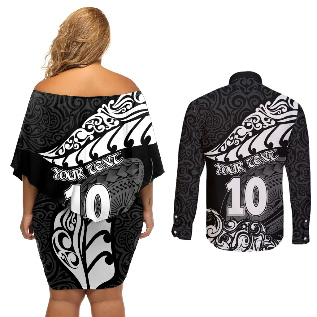 custom-new-zealand-rugby-couples-matching-off-shoulder-short-dress-and-long-sleeve-button-shirts-maori-warrior-rugby-silver-fern-tribal-pattern