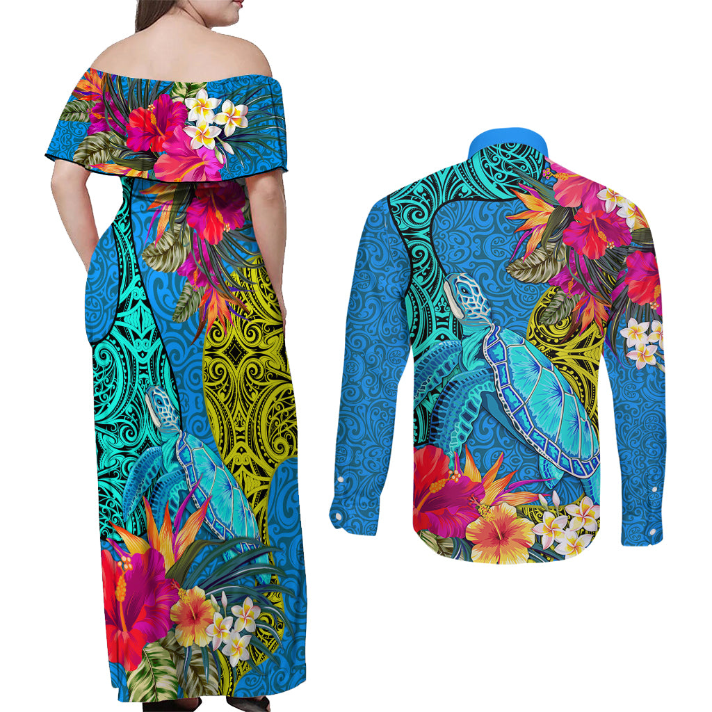 polynesian-couples-matching-off-shoulder-maxi-dress-and-long-sleeve-button-shirts-the-turtle-jung-flower-with-maori-pattern-ethnic-style