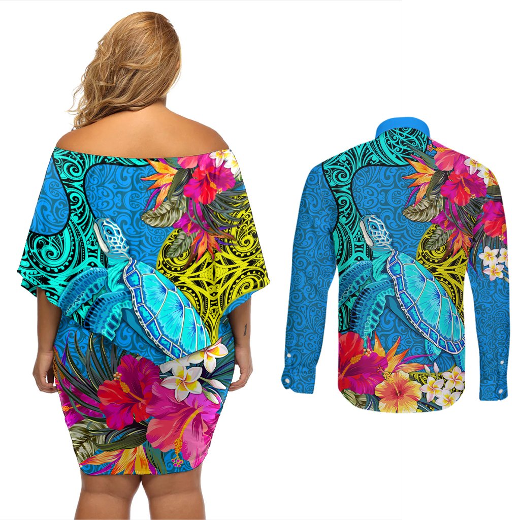 polynesian-couples-matching-off-shoulder-short-dress-and-long-sleeve-button-shirts-the-turtle-jung-flower-with-maori-pattern-ethnic-style