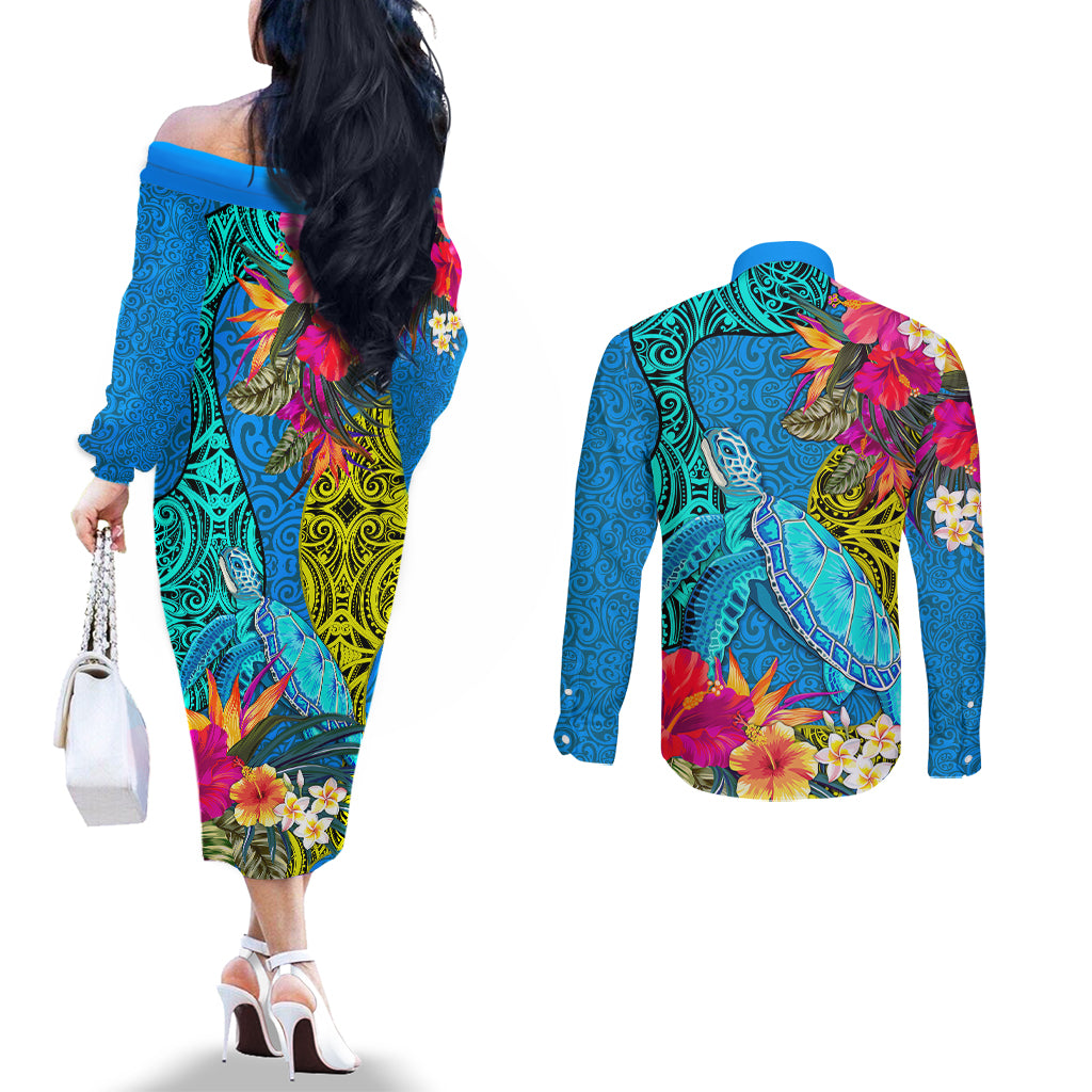 polynesian-couples-matching-off-the-shoulder-long-sleeve-dress-and-long-sleeve-button-shirts-the-turtle-jung-flower-with-maori-pattern-ethnic-style