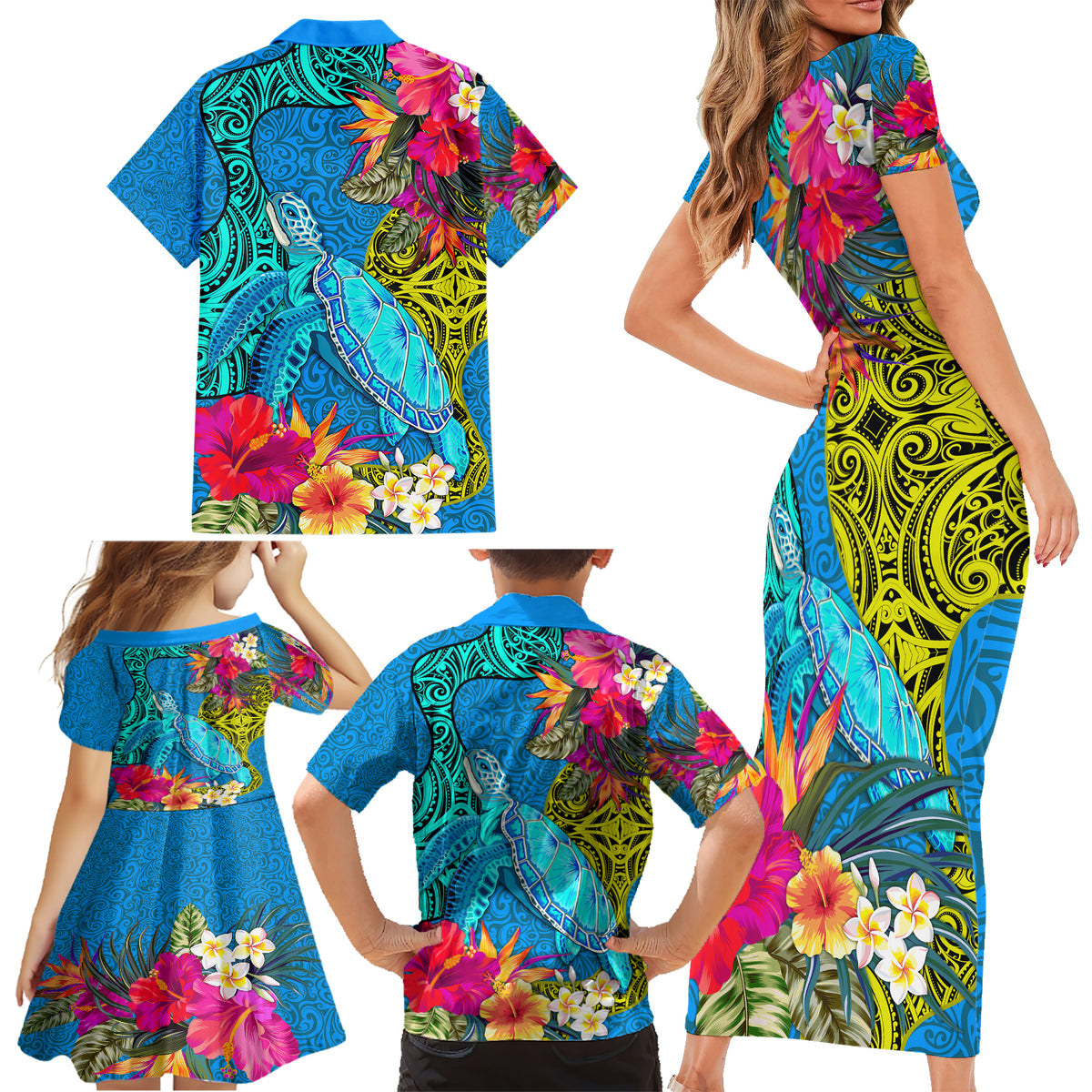 polynesian-family-matching-short-sleeve-bodycon-dress-and-hawaiian-shirt-the-turtle-jung-flower-with-maori-pattern-ethnic-style
