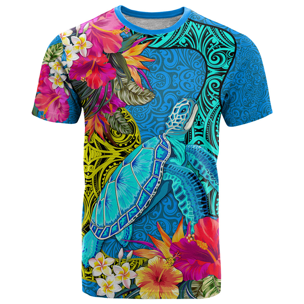 Polynesian T Shirt The Turtle Jung Flower with Maori Pattern Ethnic Style LT03 Blue - Polynesian Pride
