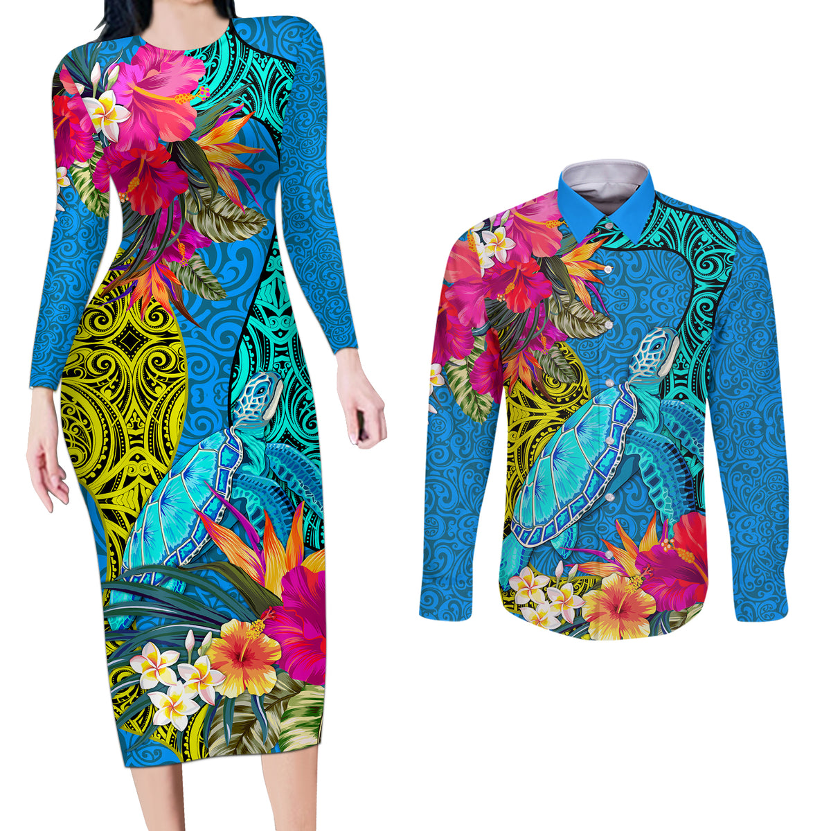 Custom Polynesian Couples Matching Long Sleeve Bodycon Dress and Long Sleeve Button Shirts The Turtle Jung Flower with Maori Pattern Ethnic Style LT03 Blue - Polynesian Pride