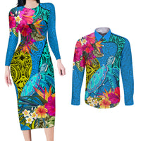Custom Polynesian Couples Matching Long Sleeve Bodycon Dress and Long Sleeve Button Shirts The Turtle Jung Flower with Maori Pattern Ethnic Style LT03 Blue - Polynesian Pride