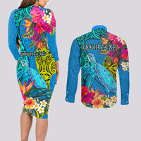 Custom Polynesian Couples Matching Long Sleeve Bodycon Dress and Long Sleeve Button Shirts The Turtle Jung Flower with Maori Pattern Ethnic Style LT03 - Polynesian Pride