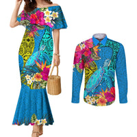 custom-polynesian-couples-matching-mermaid-dress-and-long-sleeve-button-shirts-the-turtle-jung-flower-with-maori-pattern-ethnic-style