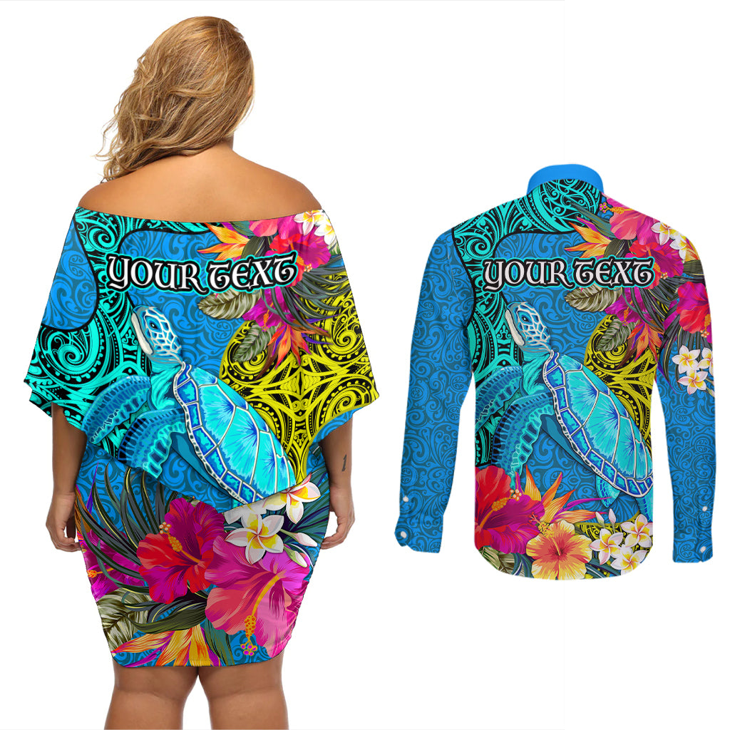 custom-polynesian-couples-matching-off-shoulder-short-dress-and-long-sleeve-button-shirts-the-turtle-jung-flower-with-maori-pattern-ethnic-style