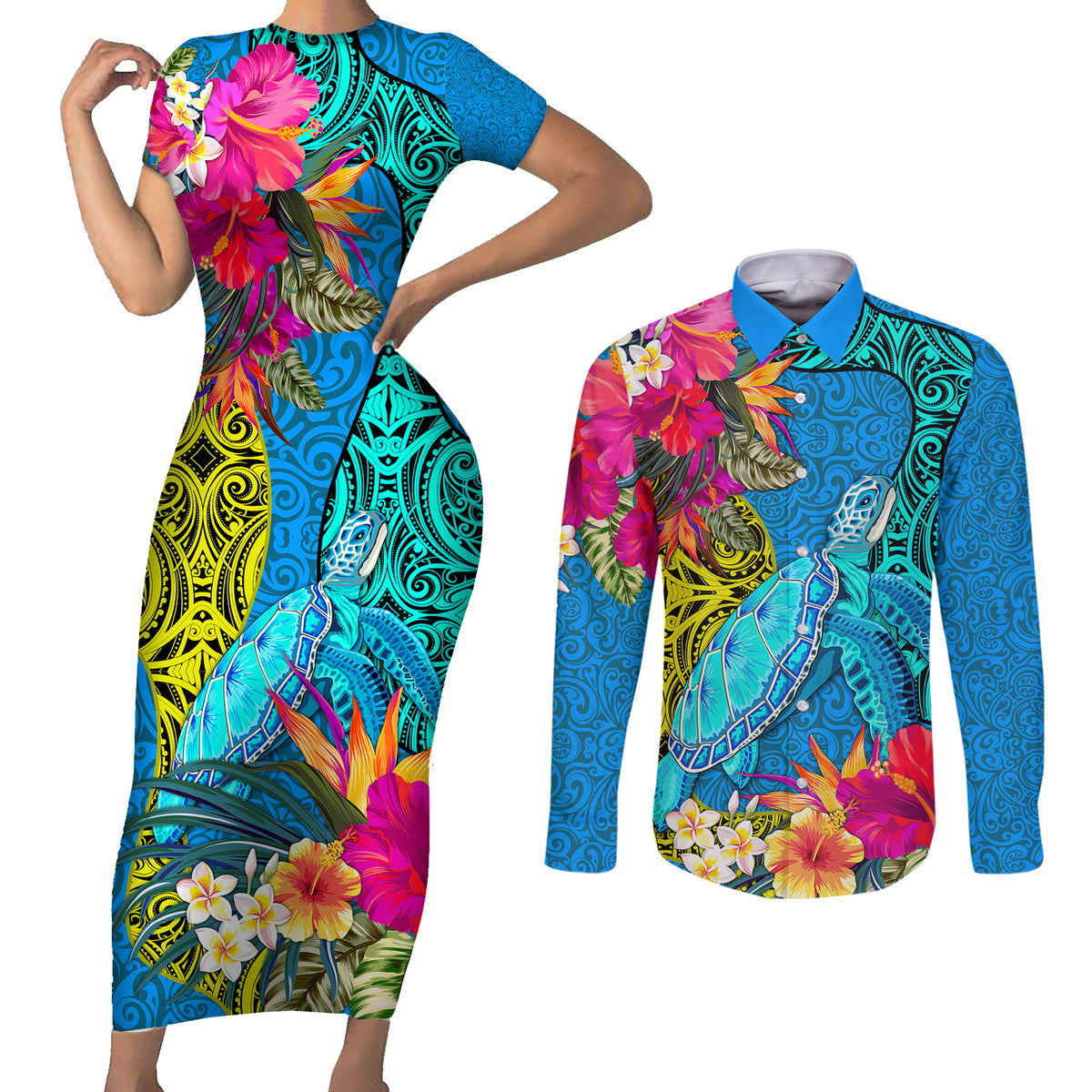 Custom Polynesian Couples Matching Short Sleeve Bodycon Dress and Long Sleeve Button Shirts The Turtle Jung Flower with Maori Pattern Ethnic Style LT03 Blue - Polynesian Pride
