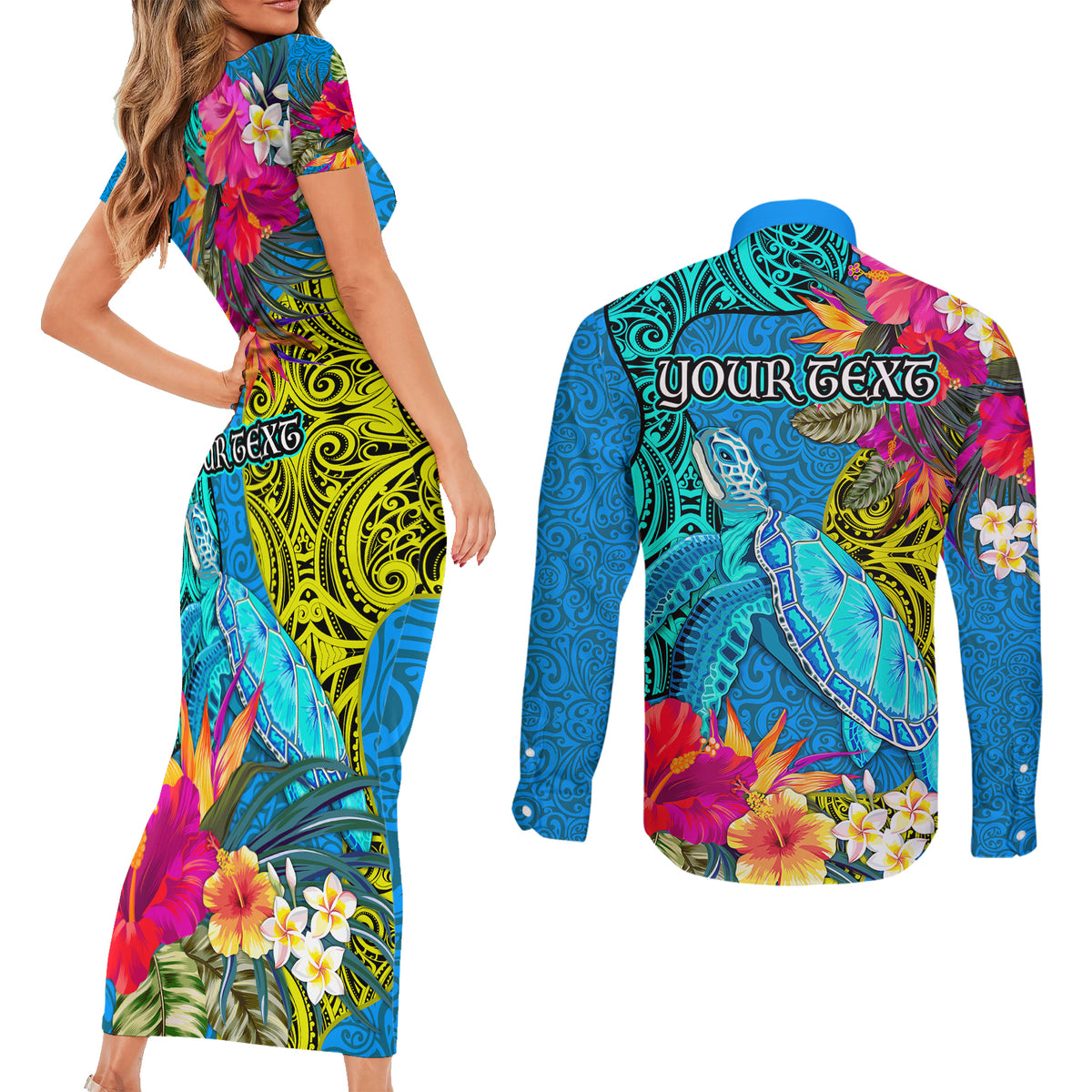 Custom Polynesian Couples Matching Short Sleeve Bodycon Dress and Long Sleeve Button Shirts The Turtle Jung Flower with Maori Pattern Ethnic Style LT03 - Polynesian Pride