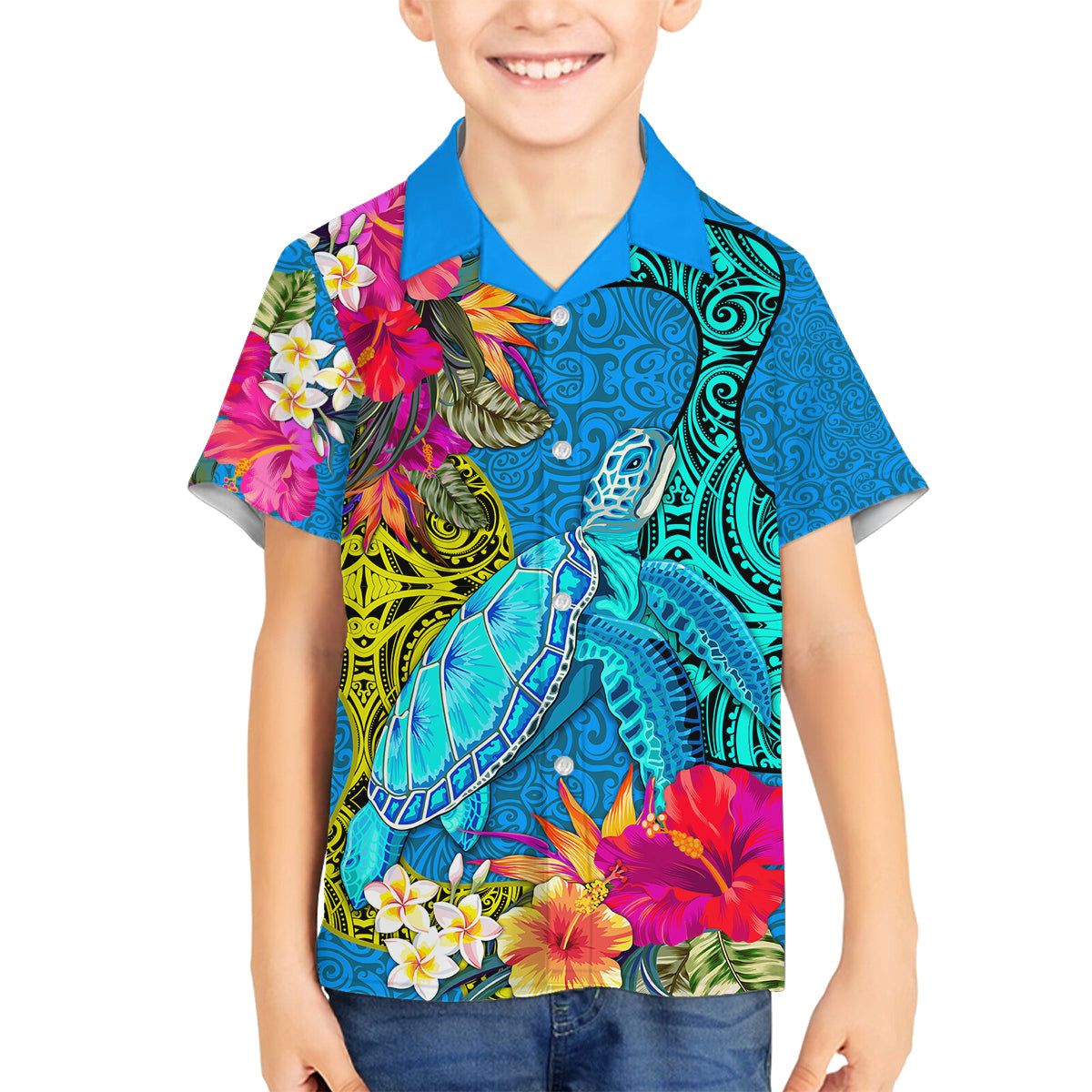 custom-polynesian-family-matching-off-shoulder-short-dress-and-hawaiian-shirt-the-turtle-jung-flower-with-maori-pattern-ethnic-style