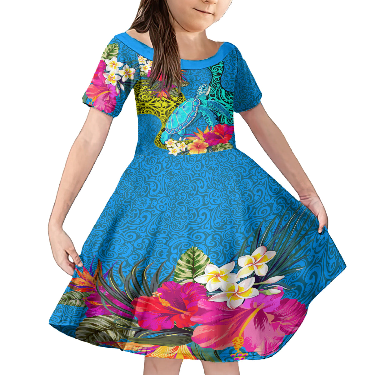 custom-polynesian-kid-short-sleeve-dress-the-turtle-jung-flower-with-maori-pattern-ethnic-style