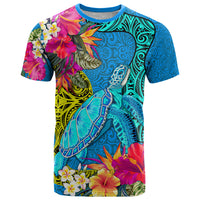 Custom Polynesian T Shirt The Turtle Jung Flower with Maori Pattern Ethnic Style LT03 Blue - Polynesian Pride