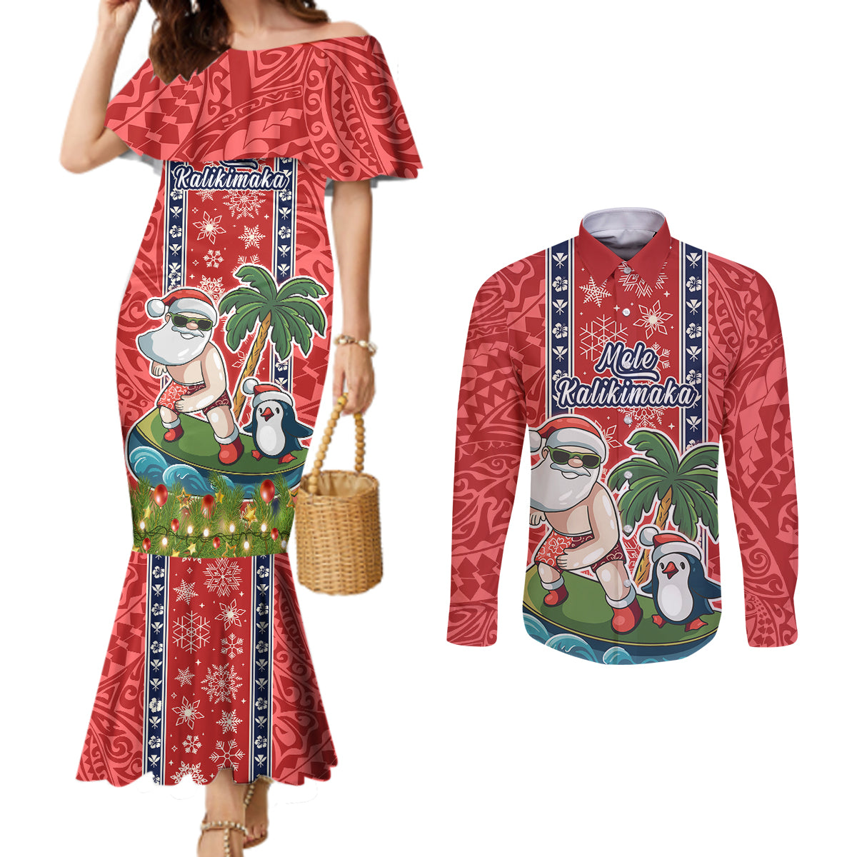 hawaii-christmas-couples-matching-mermaid-dress-and-long-sleeve-button-shirts-the-santa-surfing-hawaii-xmas-style