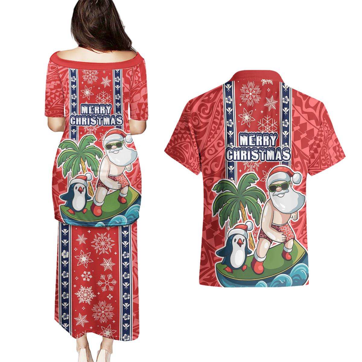 hawaii-christmas-couples-matching-puletasi-dress-and-hawaiian-shirt-the-santa-surfing-hawaii-xmas-style