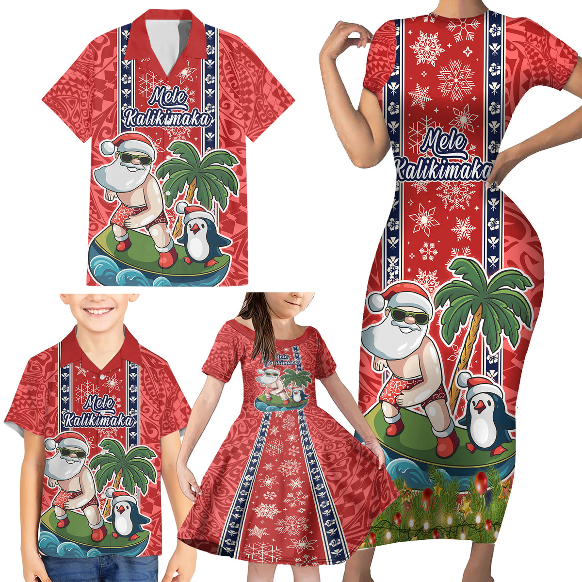 hawaii-christmas-family-matching-short-sleeve-bodycon-dress-and-hawaiian-shirt-the-santa-surfing-hawaii-xmas-style