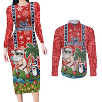 Custom Hawaii Christmas Couples Matching Long Sleeve Bodycon Dress and Long Sleeve Button Shirts The Santa Surfing Hawaii Xmas Style LT03 Red - Polynesian Pride