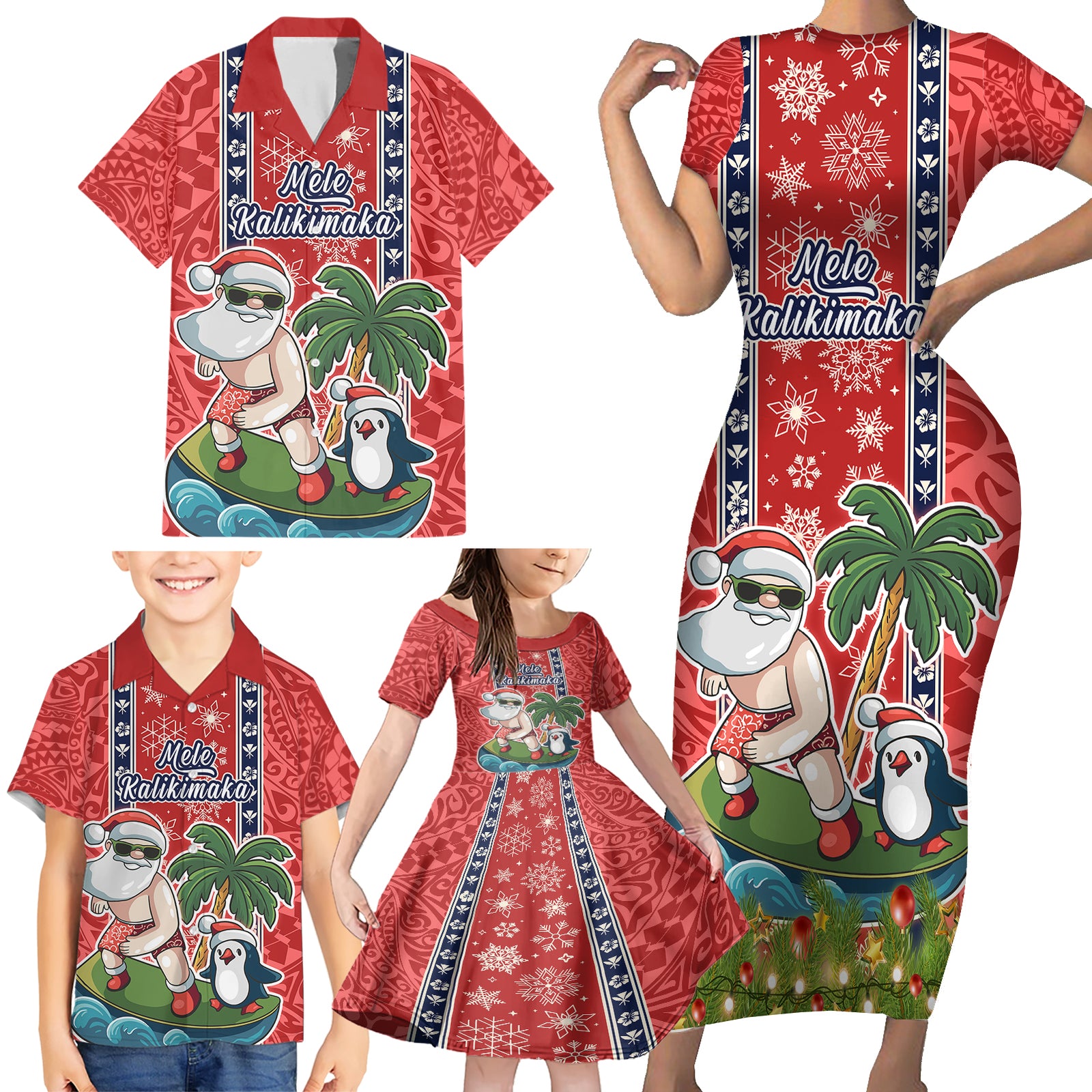 custom-hawaii-christmas-family-matching-short-sleeve-bodycon-dress-and-hawaiian-shirt-the-santa-surfing-hawaii-xmas-style