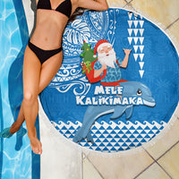 Hawaii Mele Kalikimaka Beach Blanket Santa Riding The DolPhin Mix Kakau Pattern Blue Style LT03 - Polynesian Pride