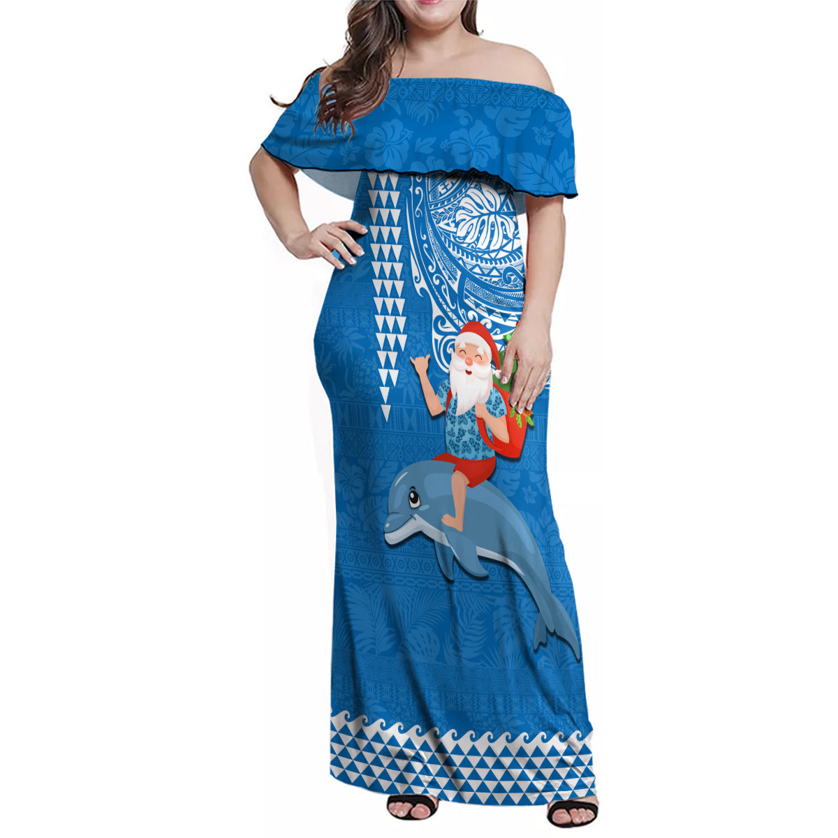 Hawaii Mele Kalikimaka Family Matching Off Shoulder Maxi Dress and Hawaiian Shirt Santa Riding The DolPhin Mix Kakau Pattern Blue Style LT03 Mom's Dress Blue - Polynesian Pride