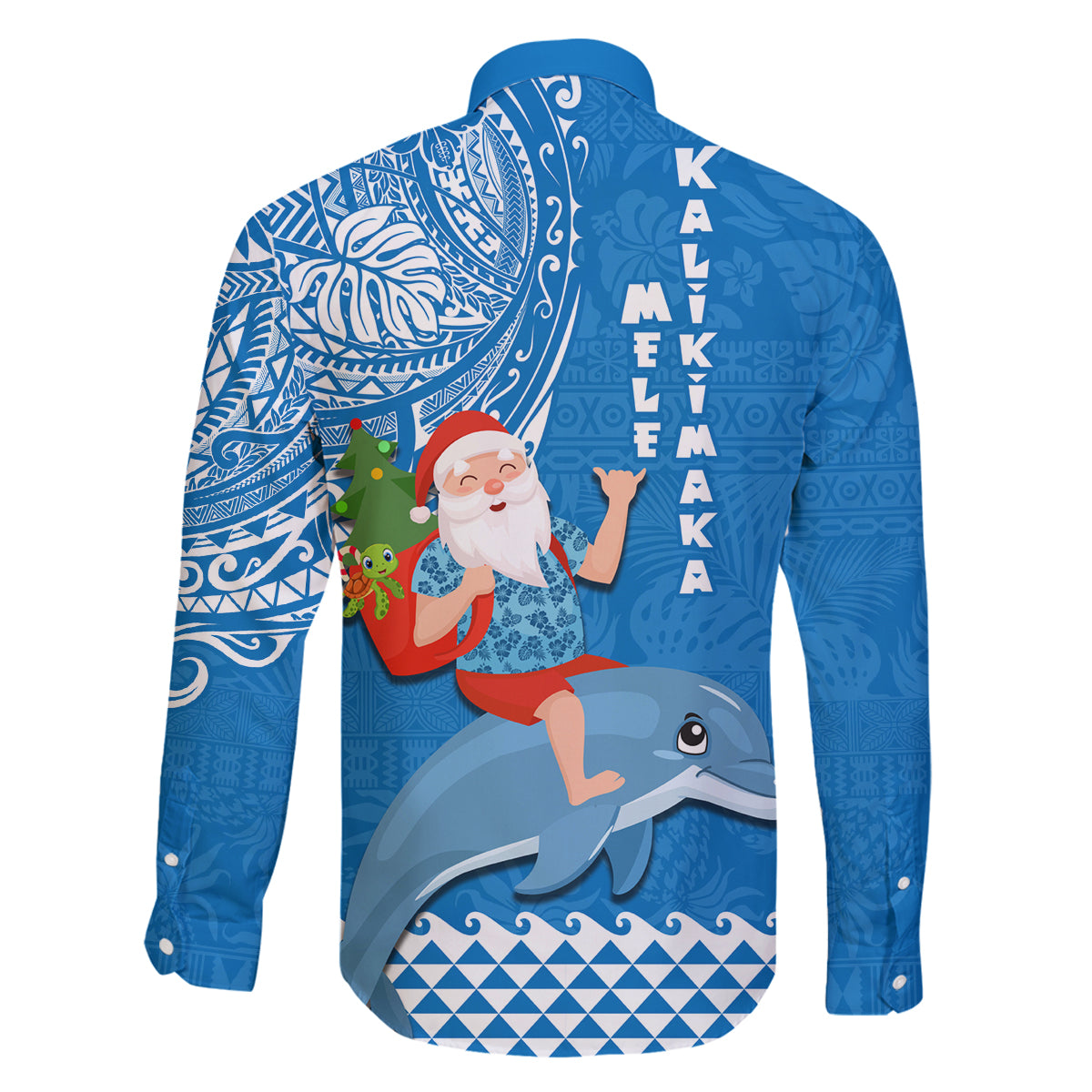 Hawaii Mele Kalikimaka Family Matching Puletasi Dress and Hawaiian Shirt Santa Riding The DolPhin Mix Kakau Pattern Blue Style LT03 - Polynesian Pride