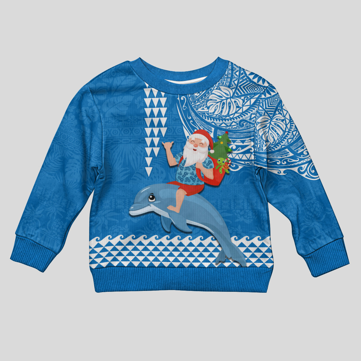 Hawaii Mele Kalikimaka Kid Ugly Christmas Sweater Santa Riding The DolPhin Mix Kakau Pattern Blue Style LT03 Kid Blue - Polynesian Pride