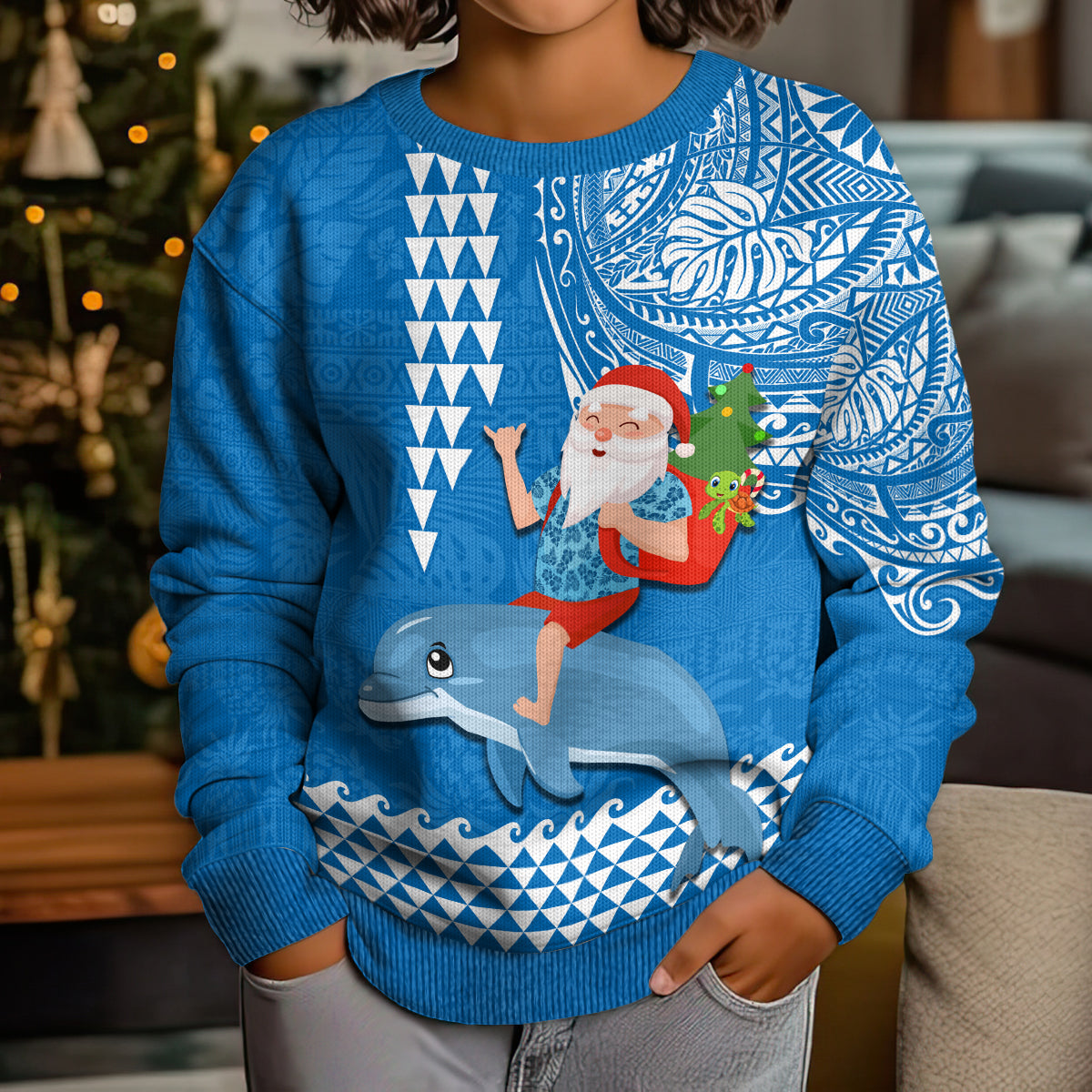 Hawaii Mele Kalikimaka Kid Ugly Christmas Sweater Santa Riding The DolPhin Mix Kakau Pattern Blue Style LT03 - Polynesian Pride