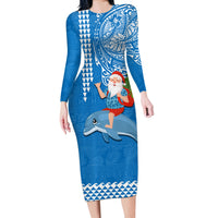 Hawaii Mele Kalikimaka Long Sleeve Bodycon Dress Santa Riding The DolPhin Mix Kakau Pattern Blue Style LT03 Long Dress Blue - Polynesian Pride