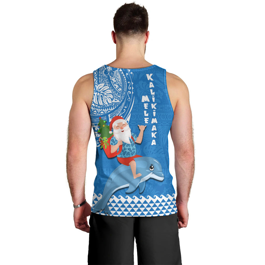 Hawaii Mele Kalikimaka Men Tank Top Santa Riding The DolPhin Mix Kakau Pattern Blue Style LT03 - Polynesian Pride