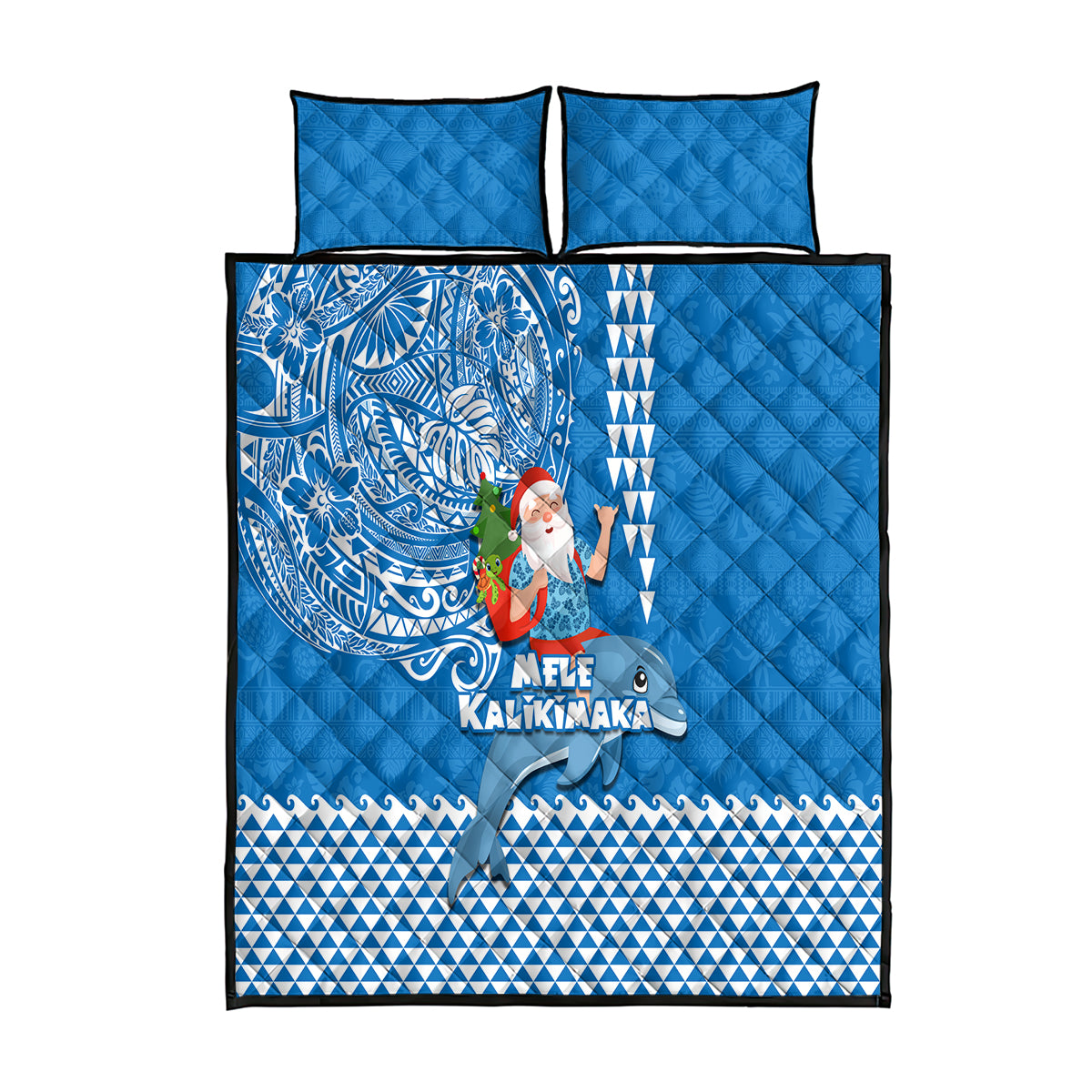 Hawaii Mele Kalikimaka Quilt Bed Set Santa Riding The DolPhin Mix Kakau Pattern Blue Style LT03 Blue - Polynesian Pride