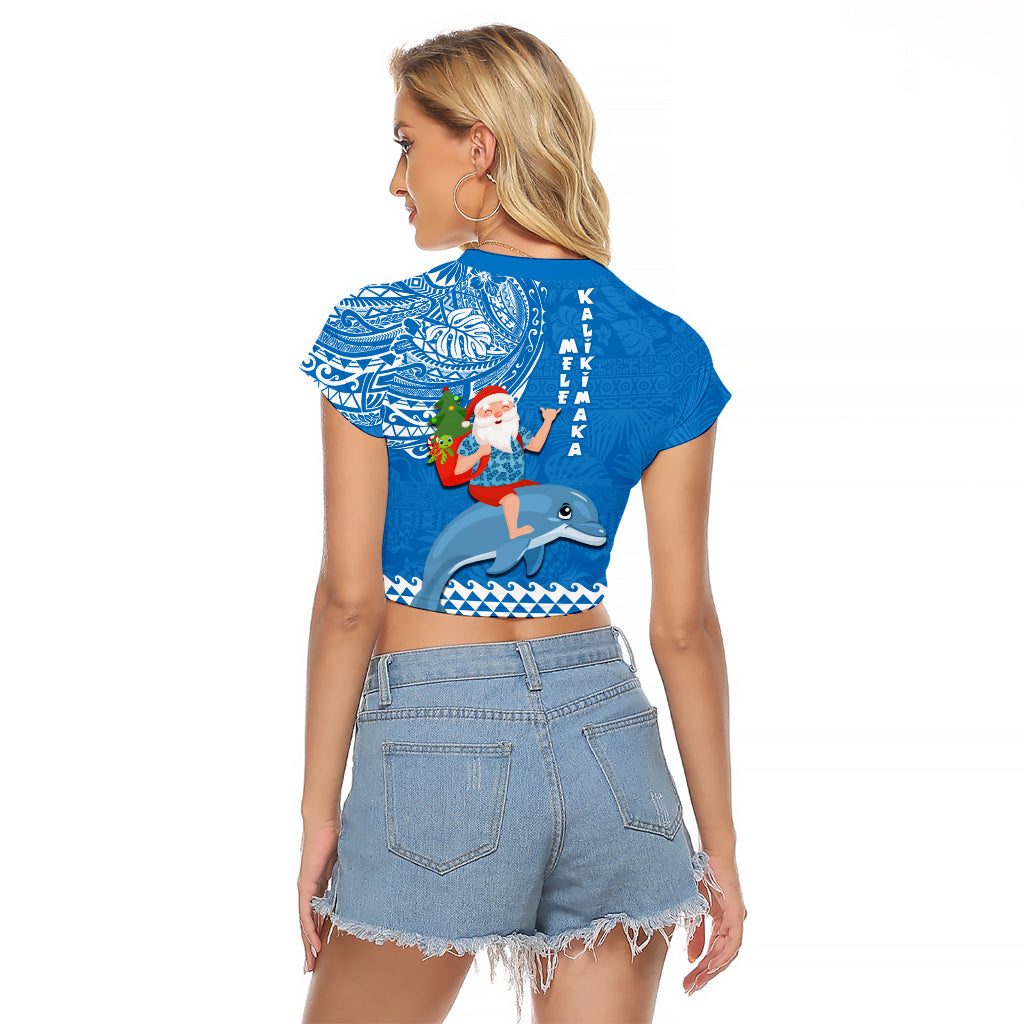 Hawaii Mele Kalikimaka Raglan Cropped T Shirt Santa Riding The DolPhin Mix Kakau Pattern Blue Style LT03 - Polynesian Pride