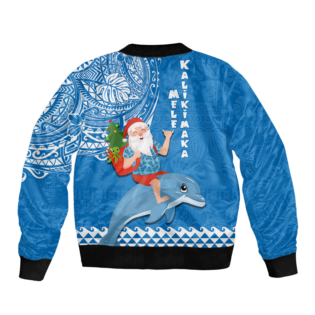Hawaii Mele Kalikimaka Sleeve Zip Bomber Jacket Santa Riding The DolPhin Mix Kakau Pattern Blue Style LT03 - Polynesian Pride