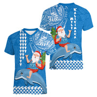 Hawaii Mele Kalikimaka Women V Neck T Shirt Santa Riding The DolPhin Mix Kakau Pattern Blue Style LT03 - Polynesian Pride