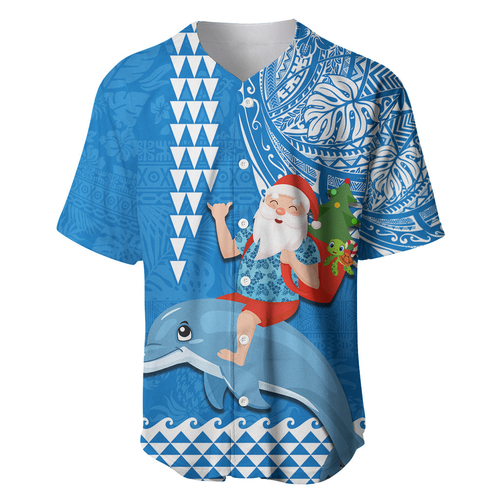 Custom Hawaii Mele Kalikimaka Baseball Jersey Santa Riding The DolPhin Mix Kakau Pattern Blue Style LT03 Blue - Polynesian Pride