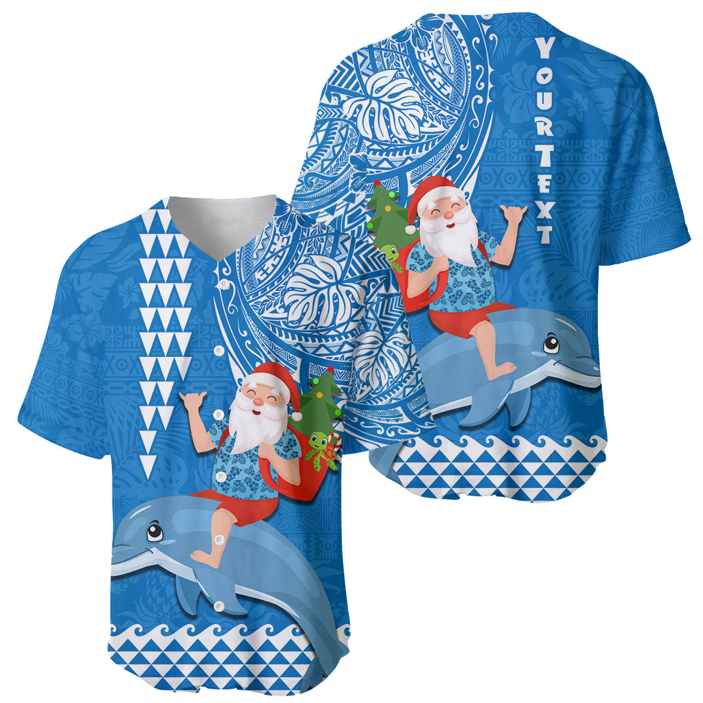 Custom Hawaii Mele Kalikimaka Baseball Jersey Santa Riding The DolPhin Mix Kakau Pattern Blue Style LT03 - Polynesian Pride