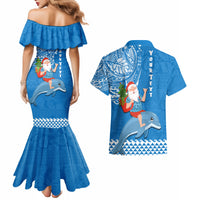 Custom Hawaii Mele Kalikimaka Couples Matching Mermaid Dress and Hawaiian Shirt Santa Riding The DolPhin Mix Kakau Pattern Blue Style LT03 - Polynesian Pride