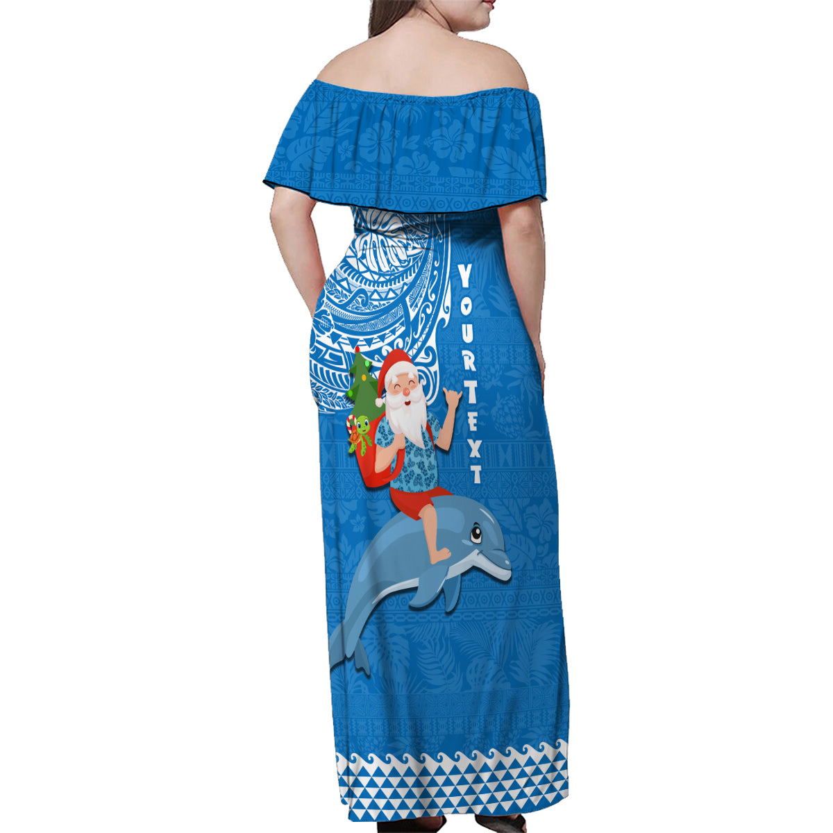 Custom Hawaii Mele Kalikimaka Family Matching Off Shoulder Maxi Dress and Hawaiian Shirt Santa Riding The DolPhin Mix Kakau Pattern Blue Style LT03 - Polynesian Pride