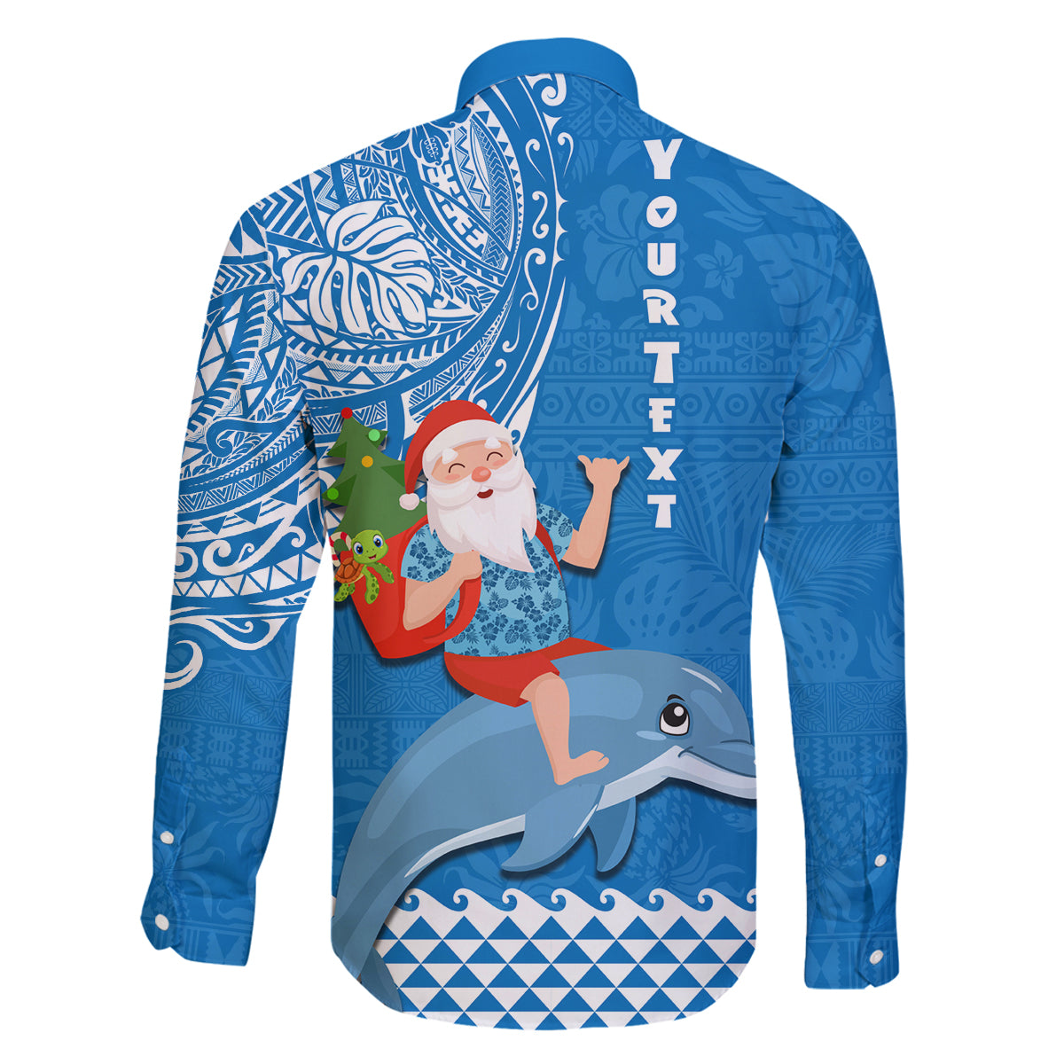Custom Hawaii Mele Kalikimaka Family Matching Puletasi Dress and Hawaiian Shirt Santa Riding The DolPhin Mix Kakau Pattern Blue Style LT03 - Polynesian Pride