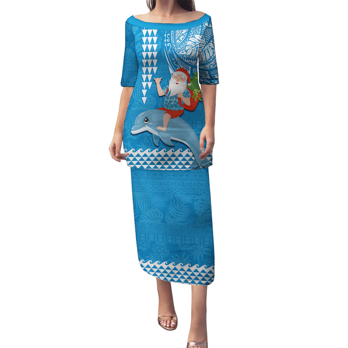 Custom Hawaii Mele Kalikimaka Family Matching Puletasi Dress and Hawaiian Shirt Santa Riding The DolPhin Mix Kakau Pattern Blue Style LT03 Mom's Dress Blue - Polynesian Pride