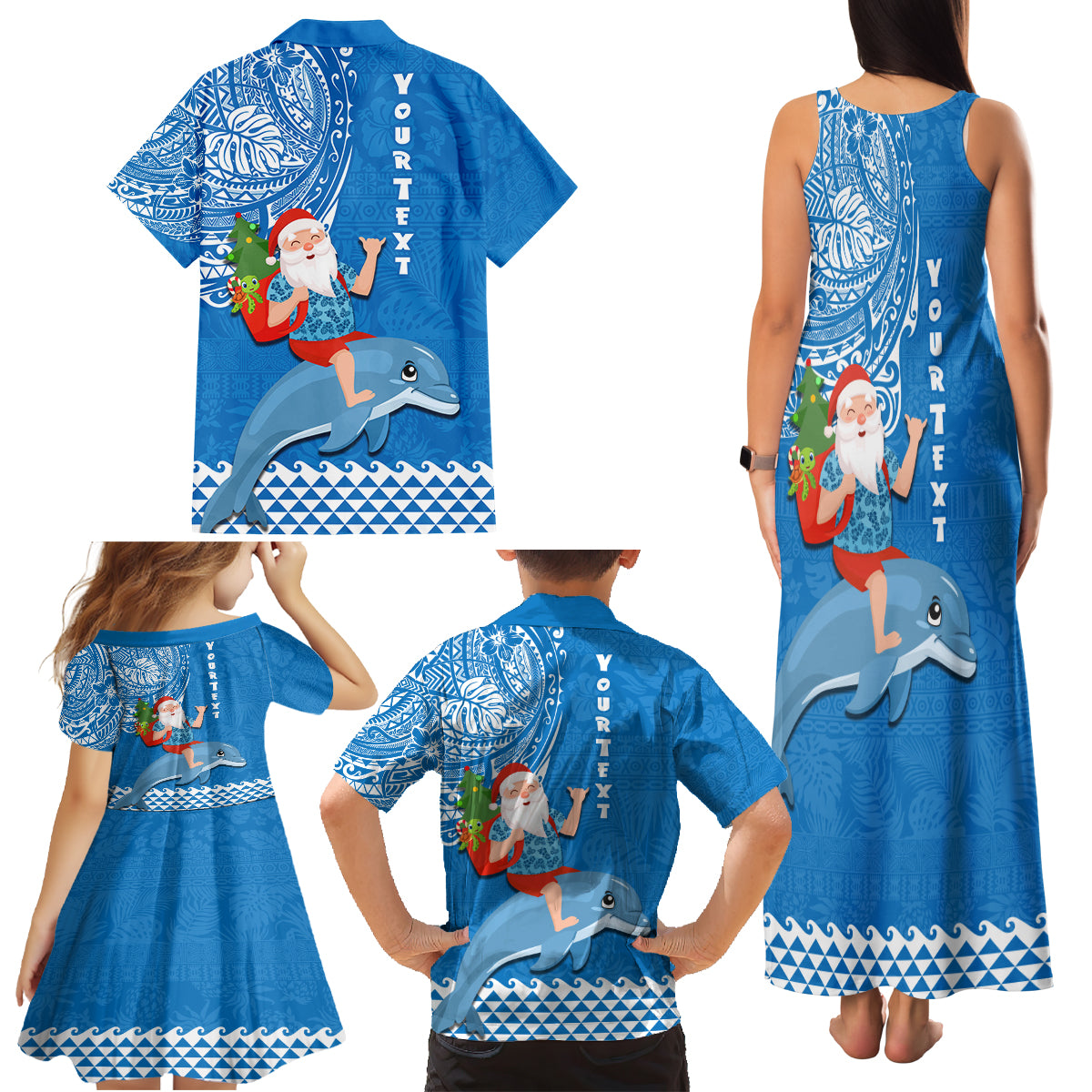 Custom Hawaii Mele Kalikimaka Family Matching Tank Maxi Dress and Hawaiian Shirt Santa Riding The DolPhin Mix Kakau Pattern Blue Style LT03 - Polynesian Pride