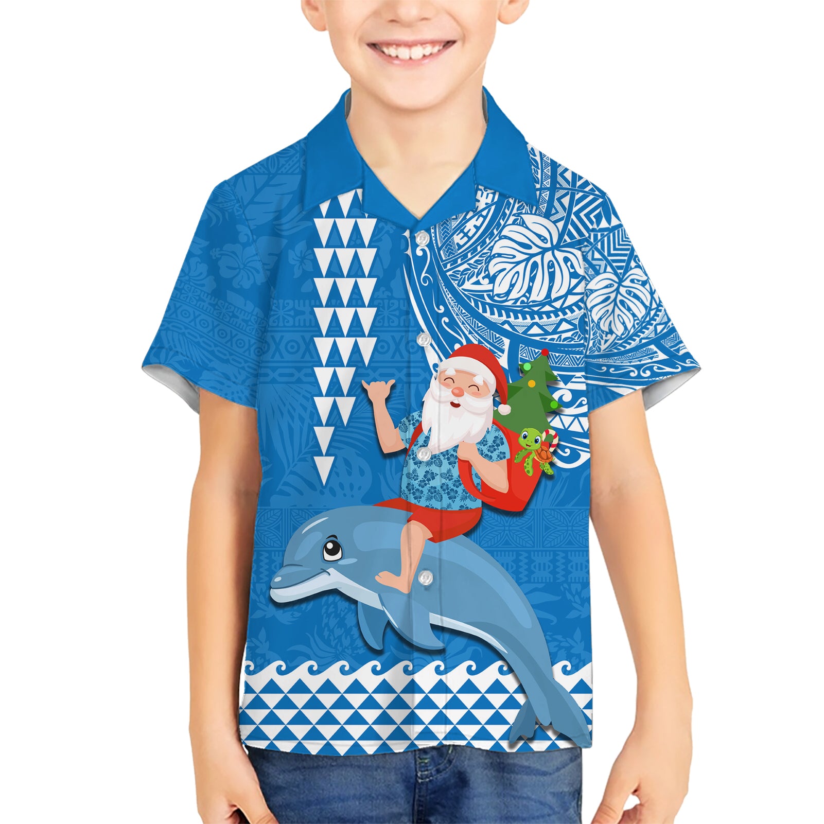 Custom Hawaii Mele Kalikimaka Kid Hawaiian Shirt Santa Riding The DolPhin Mix Kakau Pattern Blue Style LT03 Kid Blue - Polynesian Pride