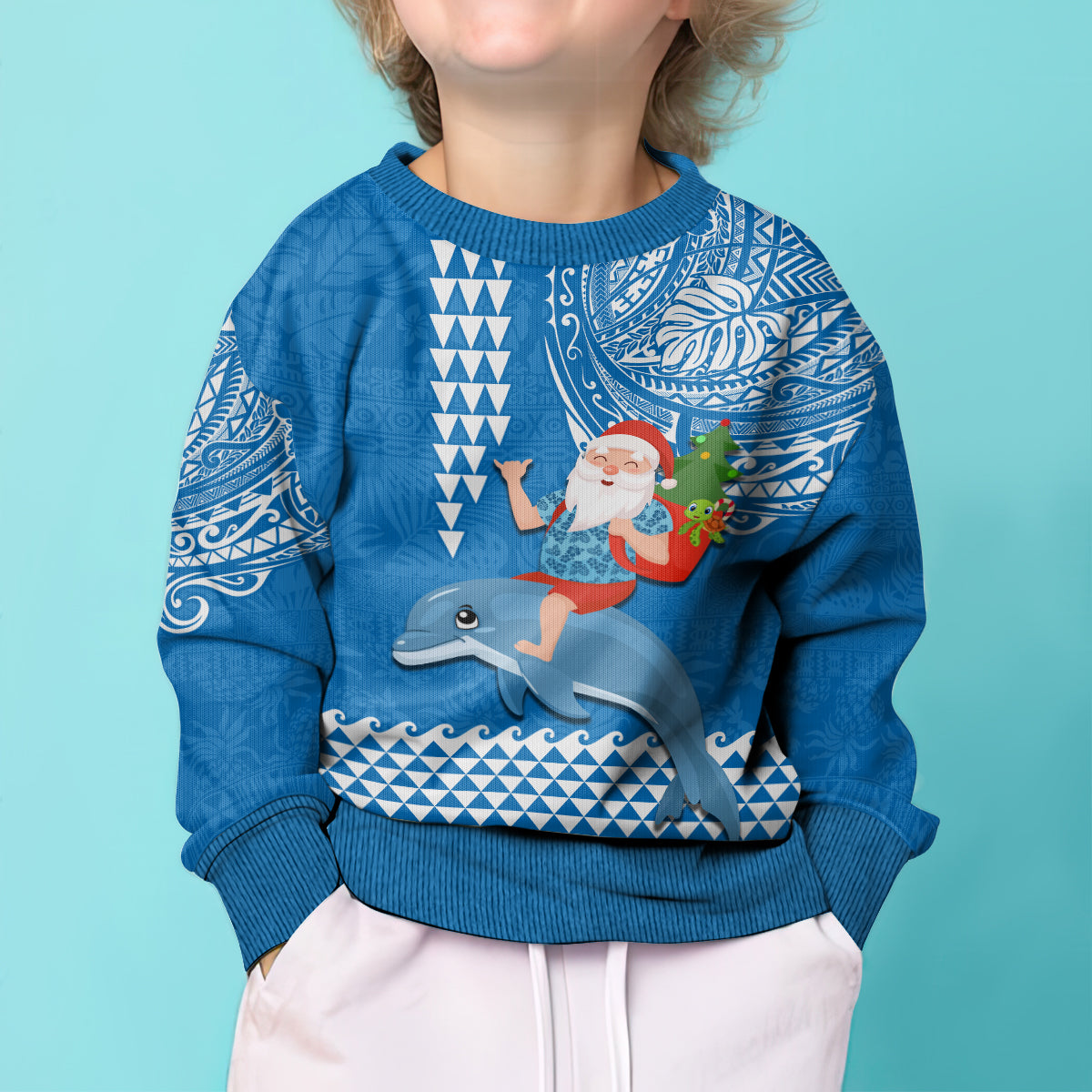 Custom Hawaii Mele Kalikimaka Kid Ugly Christmas Sweater Santa Riding The DolPhin Mix Kakau Pattern Blue Style LT03 - Polynesian Pride