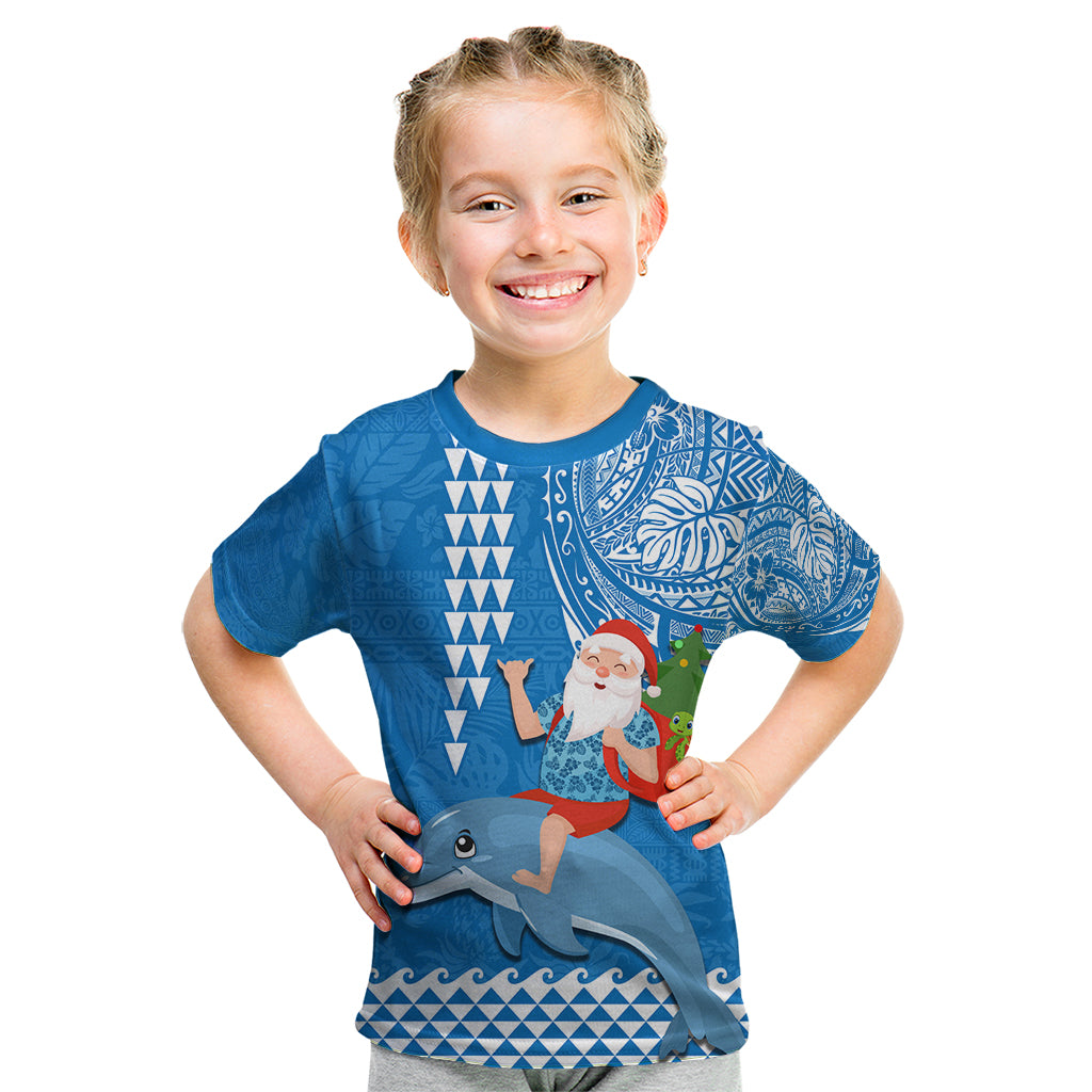 Custom Hawaii Mele Kalikimaka Kid T Shirt Santa Riding The DolPhin Mix Kakau Pattern Blue Style LT03 Blue - Polynesian Pride