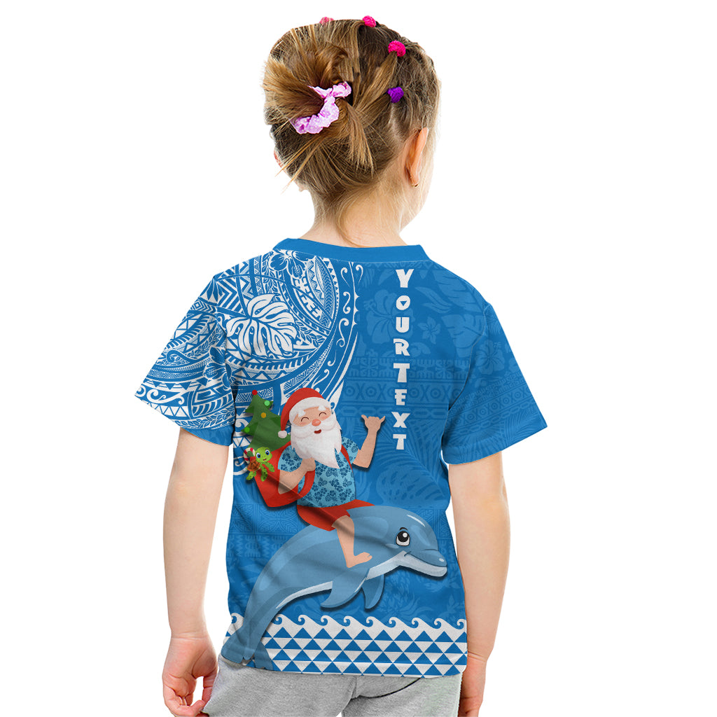 Custom Hawaii Mele Kalikimaka Kid T Shirt Santa Riding The DolPhin Mix Kakau Pattern Blue Style LT03 - Polynesian Pride