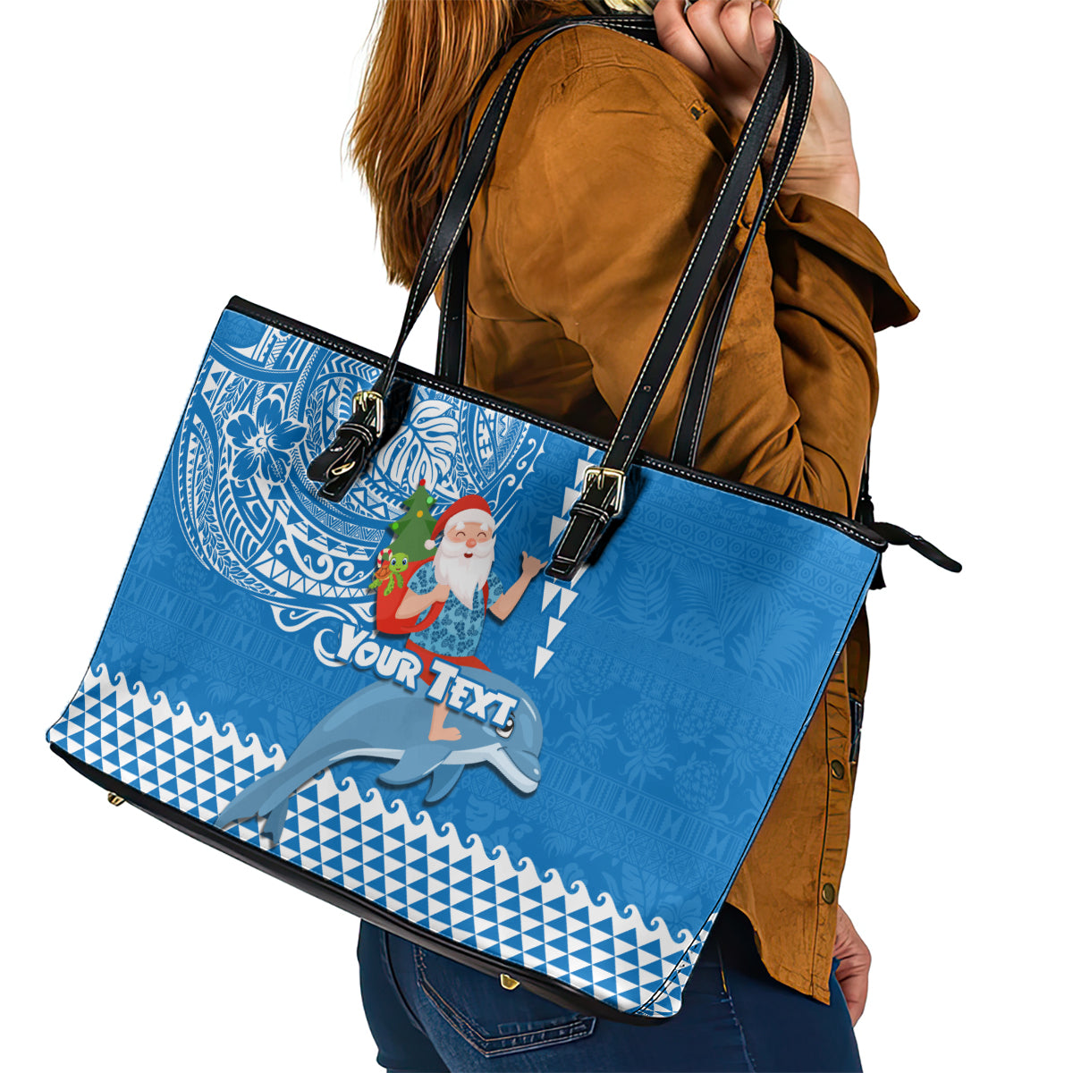 Custom Hawaii Mele Kalikimaka Leather Tote Bag Santa Riding The DolPhin Mix Kakau Pattern Blue Style LT03 - Polynesian Pride