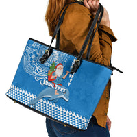 Custom Hawaii Mele Kalikimaka Leather Tote Bag Santa Riding The DolPhin Mix Kakau Pattern Blue Style LT03 - Polynesian Pride